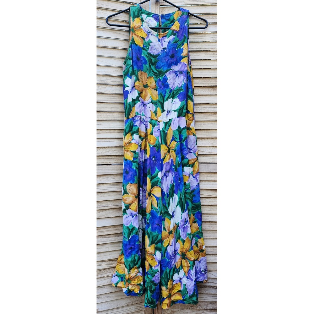 Vtg Jessica Howard Sz 8 Colorful Flowy Rayon Floral Sleeveless Midi Dress Bright